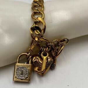 Juicy Couture Gold Tone Pave Padlock With Key Puff 3D Heart and J Charm Bracelet